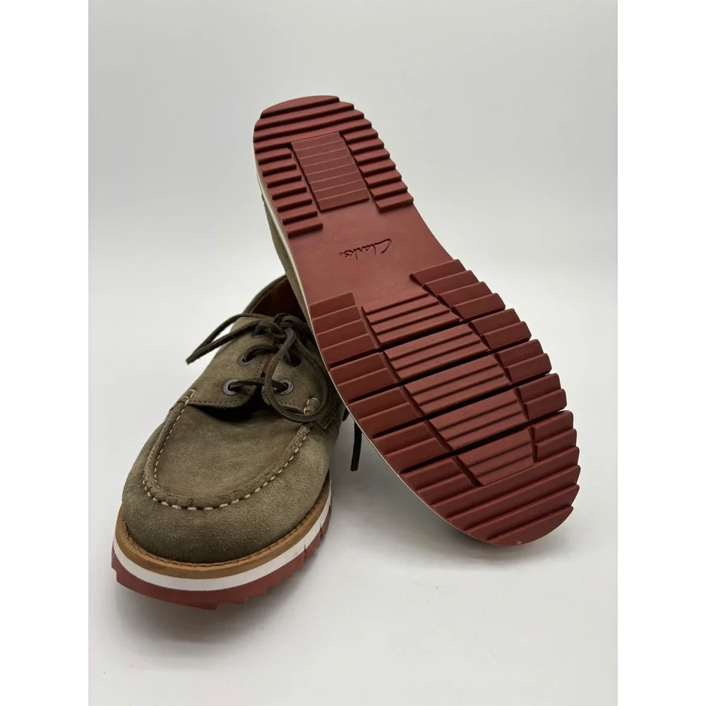 Clarks Mens Suede Boat Shoes Olive Green Red Serrated Sole Loafers 8.5